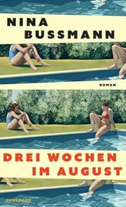 Auf dem Cover sind verschiedene Ausschnitte desselben vereinfachten Gemäldes zu sehen, auf dem zwei Frauen in Badeanzug mit etwas Abstand am Rand eines Swimming-Pools im Freien sitzen. Die Sonne scheint.