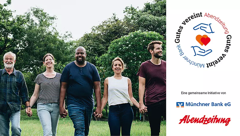 Zu sehen sind 5 Personen unterschiedlichen Alters, die Hand in Hand über eine Wiese laufen und in die Kamera lachen. Es handelt sich um ein Stimmungsbild und stellt keine tatsächlichen Teilnehmer o.ä. dar. Außerdem sind das Logo der Aktion sowie der Abendzeitung und der Münchner Bank zu sehen.