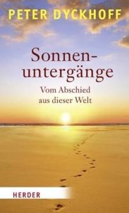 Das Buchcover zeigt einen goldenen Sonnenuntergang über dem Meer, mit einem wolkigen Himmel in Violett- und Gelbtönen. Auf dem Sandstrand führen Fußspuren in Richtung Horizont.